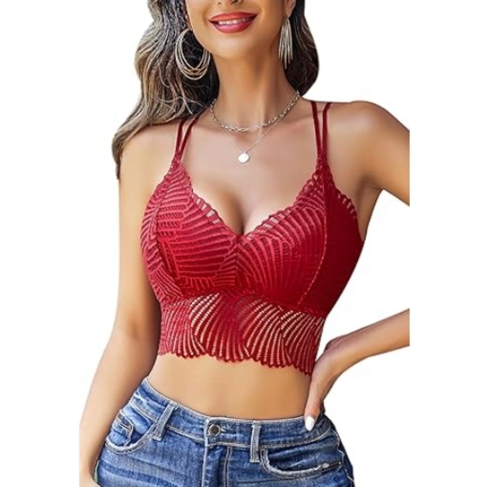 💕Lace Bralette V Neck Camisoles Racerback Adjustable Strap Crop Top Red.